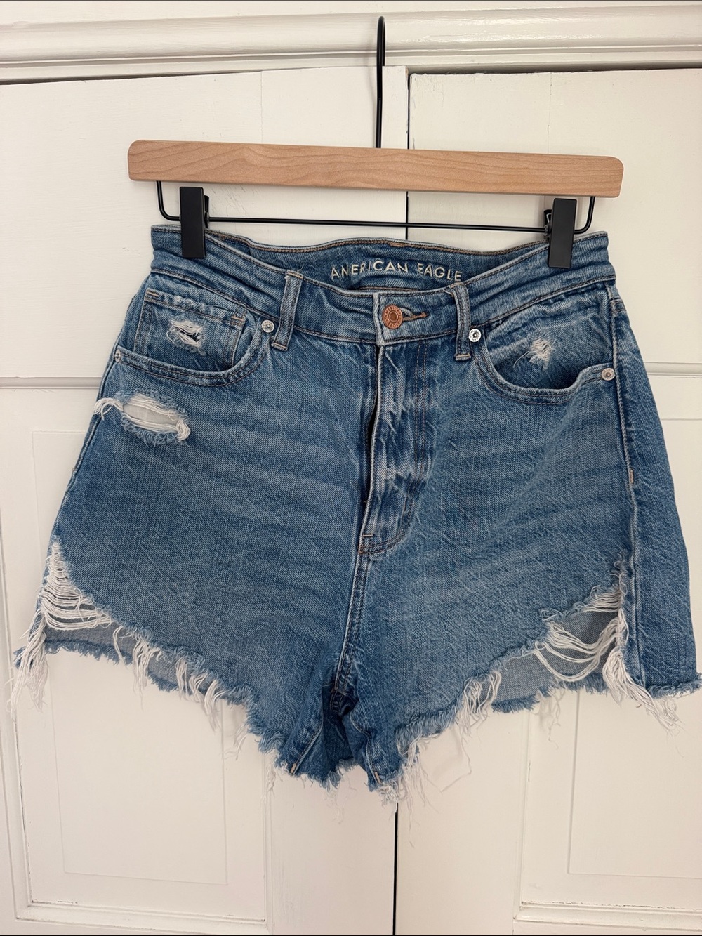American Eagle Outfitters Distressed High-Rise Denim Shorts - Blue